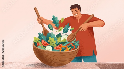 A cheerful man using wooden spoons to mix a large, fresh green salad filled with healthy tomatoes and vegetables in a giant wooden bowl.