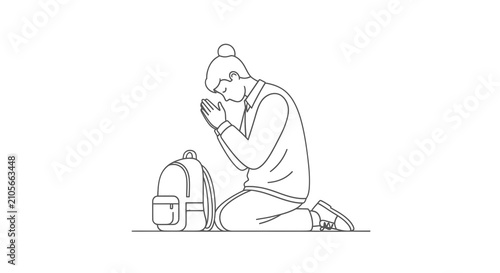 Canvastavla Illustration of a person kneeling and praying with a backpack.