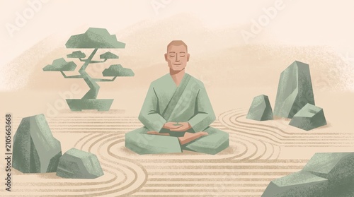 A wise monk sitting in a deep meditative lotus pose within a traditional Japanese stone zen garden, under a small bonsai tree, symbolizing ultimate peace.