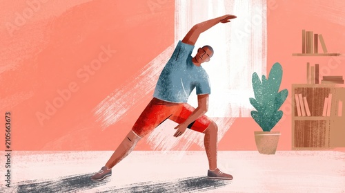 An active person doing side stretch exercises in a bright, cozy living room next to house plants and a bookshelf, maintaining a healthy home workout routine.