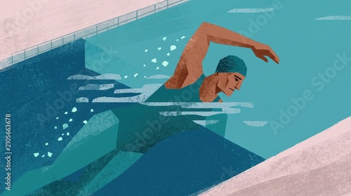 An athletic swimmer wearing a cap and goggles gliding smoothly through clear blue water in an outdoor swimming pool, practicing professional technique.