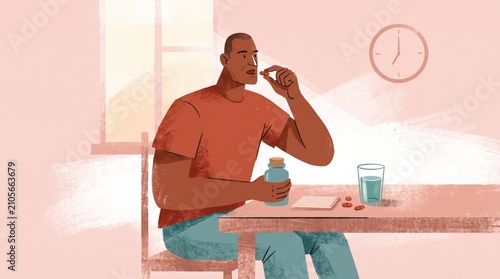 A man sitting at a dining table at home, taking a vitamin pill or capsule from a bottle with a glass of water nearby, concept of daily health routine and supplement intake.