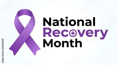 National recovery month purple awareness ribbon design with recovery, addiction