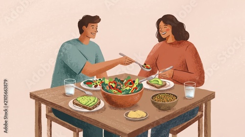 A happy young couple sitting together at a wooden dining table, talking and sharing a healthy, organic meal filled with salad and fresh vegetables at home.
