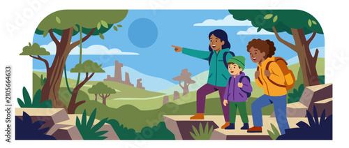 Family Hiking Adventure in Nature Illustration