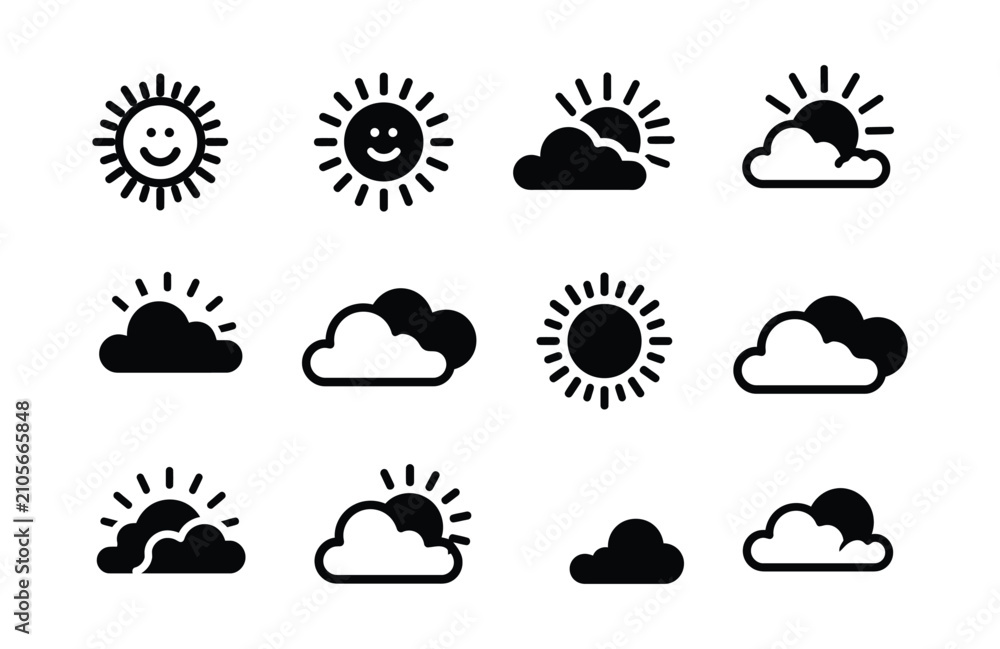 Fototapeta premium Sun icon collection with various clouds for weather forecast