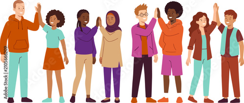 Diverse group of young adults giving high fives together