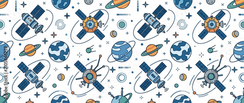 Billede på lærred Space Satellite Seamless Pattern: Planets, Stars, and Satellites in Orbit