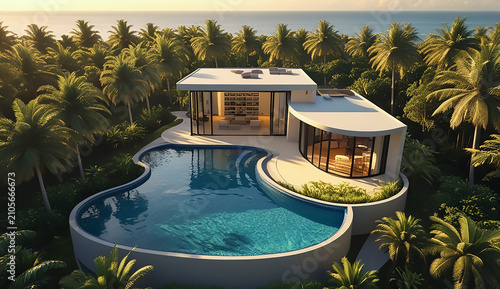 A modern house with large windows and a pool, surrounded by lush tropical forest vegetation.