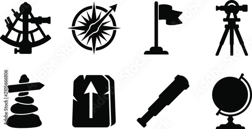 Tableau sur toile Navigation and surveying equipment icon set featuring sextant compass total stat