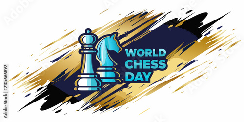 Photos Chess knight illustration with brushstroke background in gold and teal