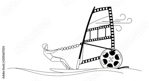 Obraz na płótnie Illustrated windsurfer with film reel and movie strip design.