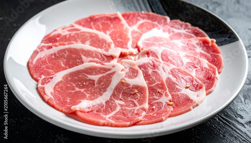 Pork slices on the plate for the shabu on top view