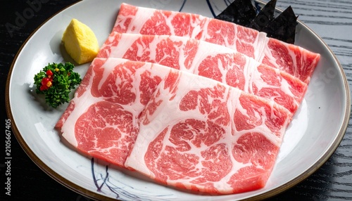 Pork slices on the plate for the shabu on top view