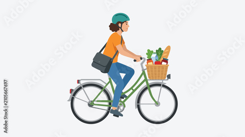 Konstfotografi Woman Riding Bicycle with Grocery Basket Flat Illustration