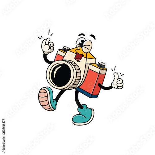 Happy Camera Mascot Waving and Giving Thumbs Up Cartoon Character