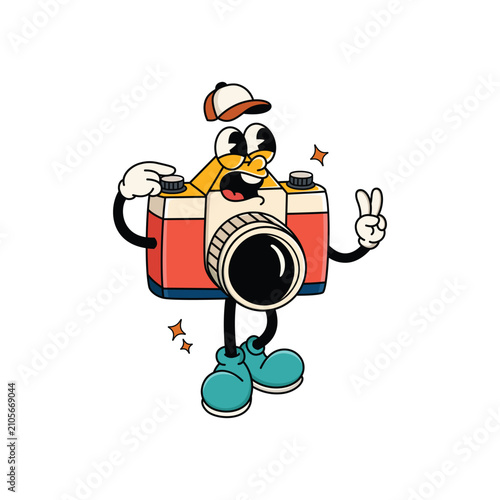 Friendly Camera Mascot Wearing Cap and Showing Peace Sign