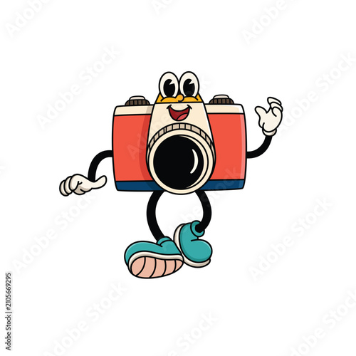 Smiling Camera Mascot Standing with Open Arms Cartoon Character