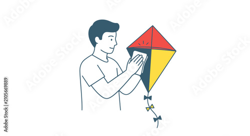 Foto Man holding colorful diamond shaped kite outdoors.