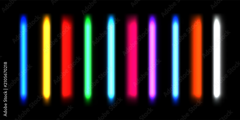 Fototapeta premium Blue neon tube lamp set. Glowing led light line beam collection. Bright luminous fluorescent bar stick lines