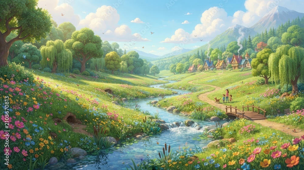 Fototapeta premium A vibrant and idyllic landscape painting depicts a serene valley with a meandering river flowing through lush green meadows. Rolling hills 