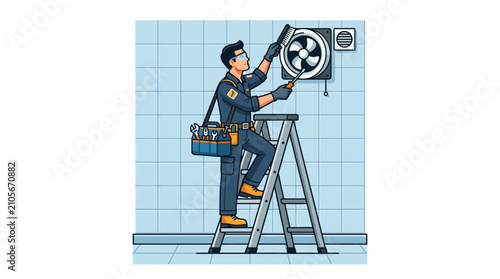 Technician Cleaning Exhaust Fan Vector Illustration
