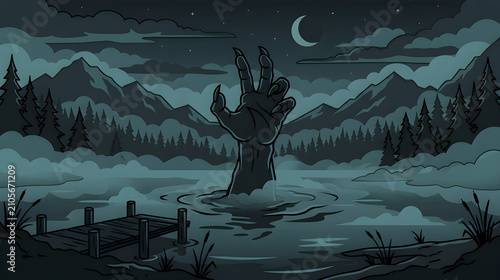 Zombie Hand Rising From Foggy Swamp Lake Night