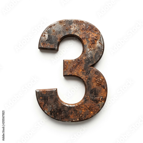 Close-up of weathered, rusted metal number three against plain white backdrop, showcasing texture and aging effects under even studio lighting.