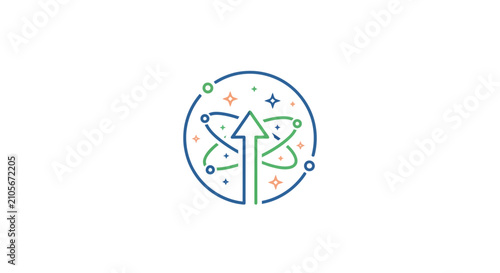 Innovative growth arrow inside atomic orbital structure.