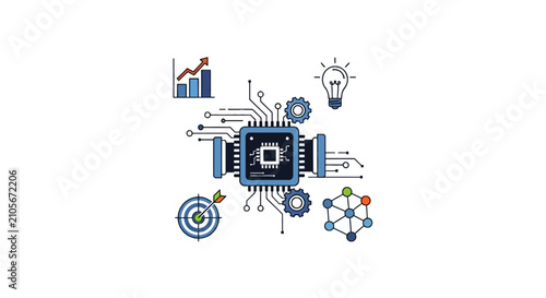 Integrated business processor with idea bulb and target icons.