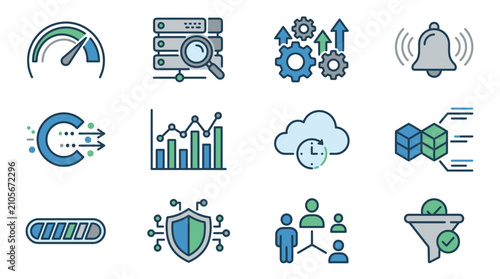 Dynamic Infographic Showcasing Modern Technology Icons with Blue and Green Accents Featuring Speedometer Servers Alerts Charts Clouds Data Blocks Security Teamwork and Verification
