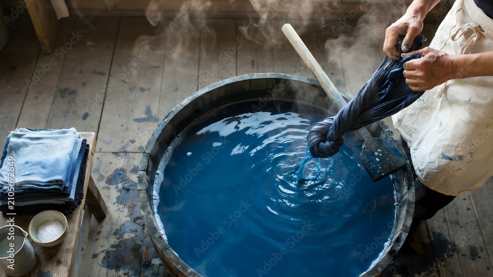 Obraz premium Traditional Indigo Dyeing Process with Hands-on Indigo Vat and Wooden Floor