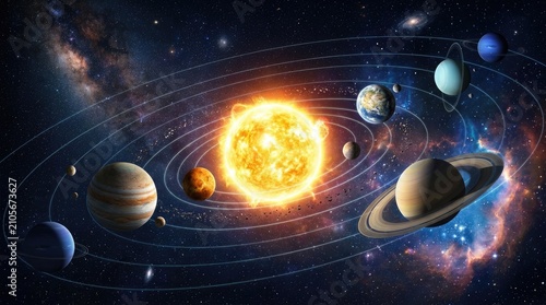 A vibrant digital illustration depicts our solar system. The Sun, a brilliant, intense yellow and orange star, dominates the center. Eight planets orbit around 