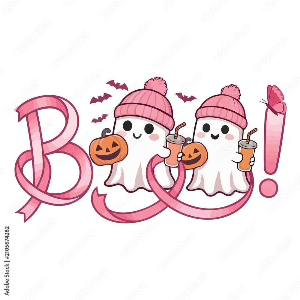 Fototapeta premium Cute ghosts with pumpkins and pink hats. Kawaii Halloween boo text with spooky spirits.