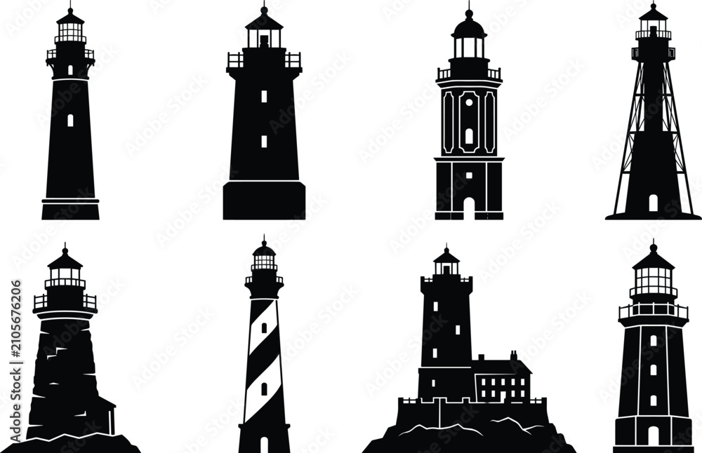 Obraz premium Set of Black Silhouette Lighthouses with Varied Architectural Styles for Coastal NavigationSet of Black Silhouette Lighthouses with Varied Architectural Styles for Coastal Navigation