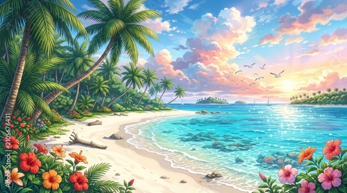 A vibrant tropical landscape depicts a stunning beach scene at sunset. Palm trees line the sandy shore, framing a turquoise ocean dotted with sailboats. 