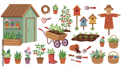Canvastavla Garden tools and equipment set with shed scarecrow and potted plants