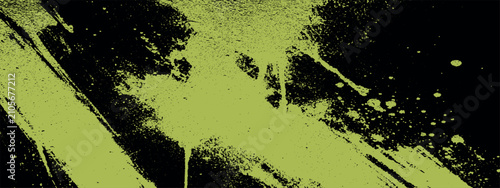 Quadro su tela Lime green brush stroke paint splash on black background featuring gritty grunge