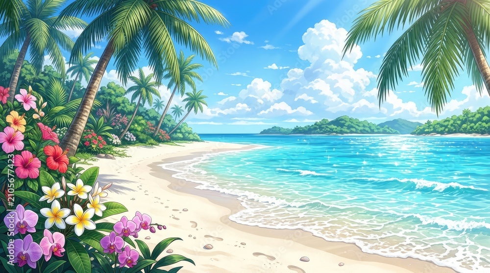 Fototapeta premium A vibrant tropical beach scene unfolds before the viewer, showcasing a stunning turquoise ocean meeting a pristine white sandy beach. Lush palm