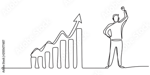 Quadro su tela Continuous line drawing of a happy businessman with a growing bar chart