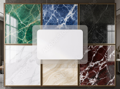 Marble & Glass Canvas: Blank Frosted Panel Above Luxe Stone Grid—Emerald, Sapphire, and Burgundy in 8K Architectural Clarity