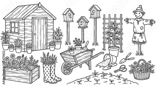 Konstfotografi Set of coloring book garden supplies shed birdhouses and tools for spring