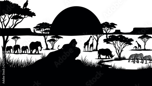 Photography African Safari Wildlife Silhouette Landscape with Wild Animals at Sunset Nature