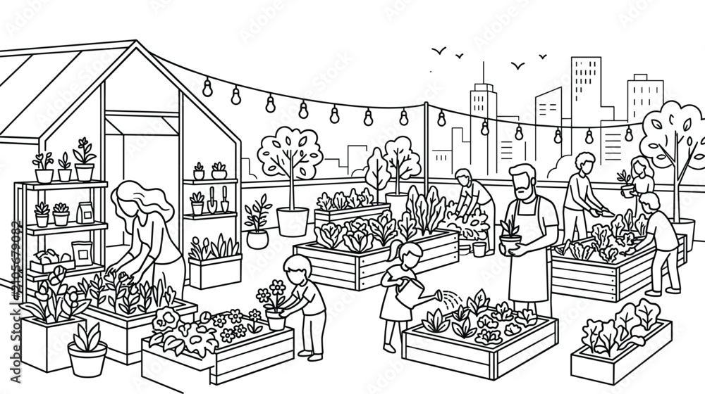 Fototapeta premium Community rooftop garden with people planting vegetables city backdrop.