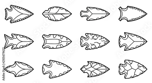Canvastavla Set of prehistoric stone arrowhead icons in black and white line art style