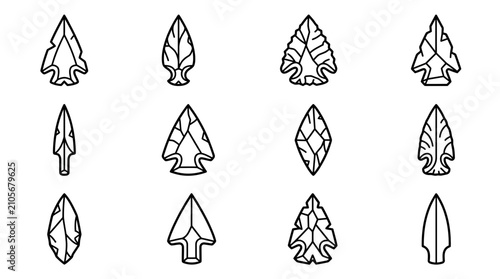 Konstfotografi Collection of primitive stone arrowhead icons for hunting and archaeological des