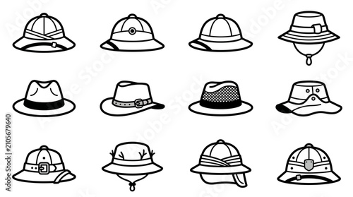 Obraz na płótnie Collection of safari hats adventure headwear and pith helmet vector icons for ou