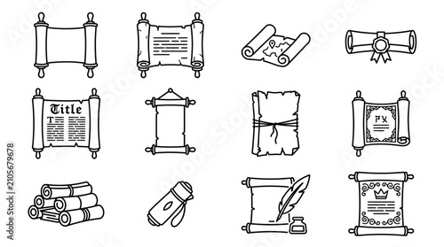 Bild auf Leinwand Vintage parchment scrolls and ancient paper map icon set for fantasy games or hi