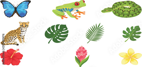 Obraz na płótnie Tropical Rainforest Wildlife and Botanical Icon Set with Ocelot Tree Frog Green