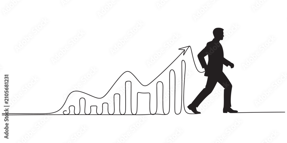 Fototapeta premium Businessman walking forward with a rising financial growth line chart